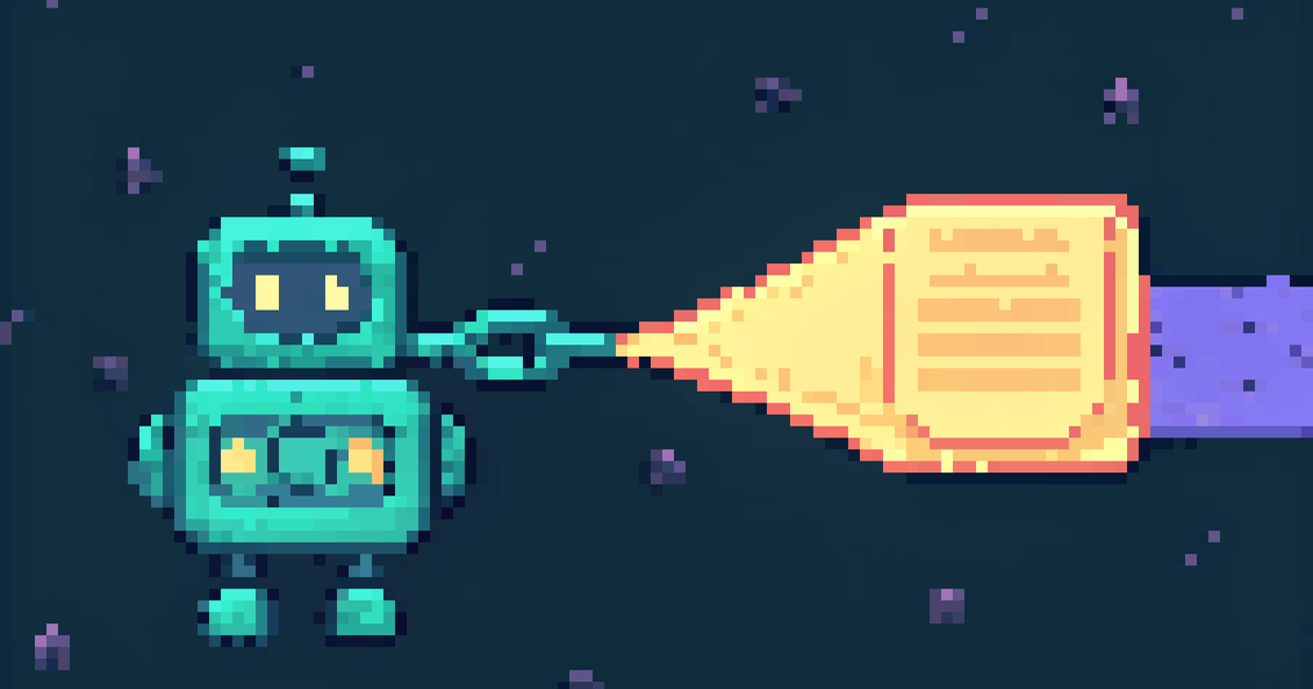 Pixel art of a teal robot receiving a glowing gold document across a dark starfield