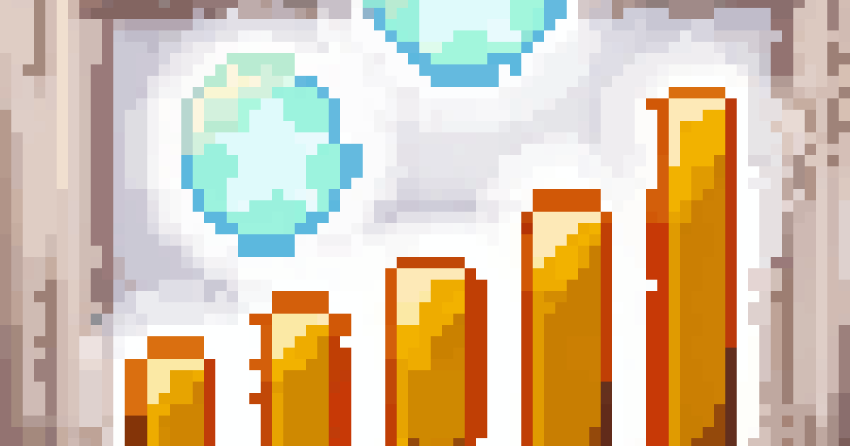 Pixel art of a gold ascending bar chart with glowing teal chat bubbles above it