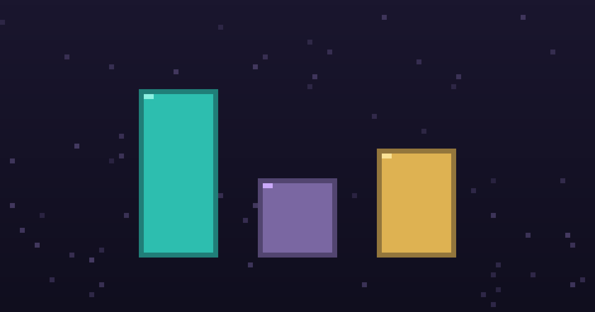 Pixel art of three glowing pixel pillars of different heights on a dark purple background