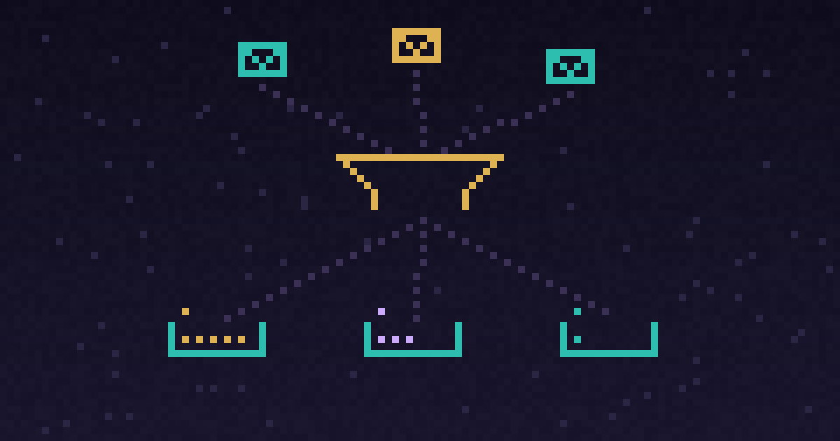 Pixel art of a glowing pixel inbox sorting messages into three labeled trays on a dark purple background