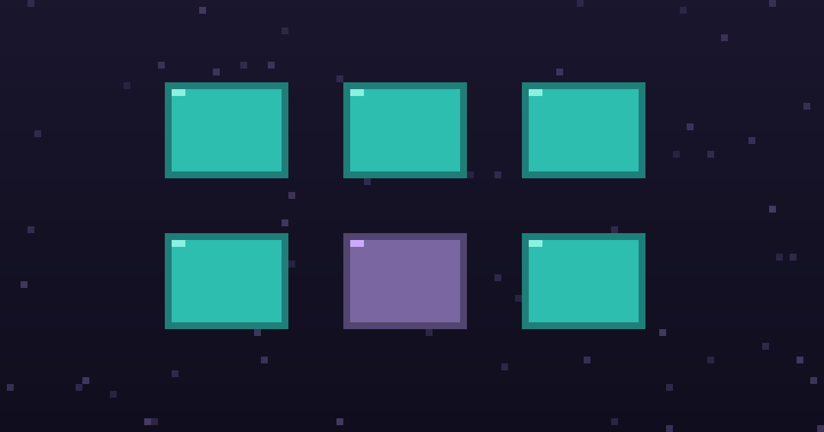 Pixel art of a grid of glowing pixel tool cards on a dark purple background