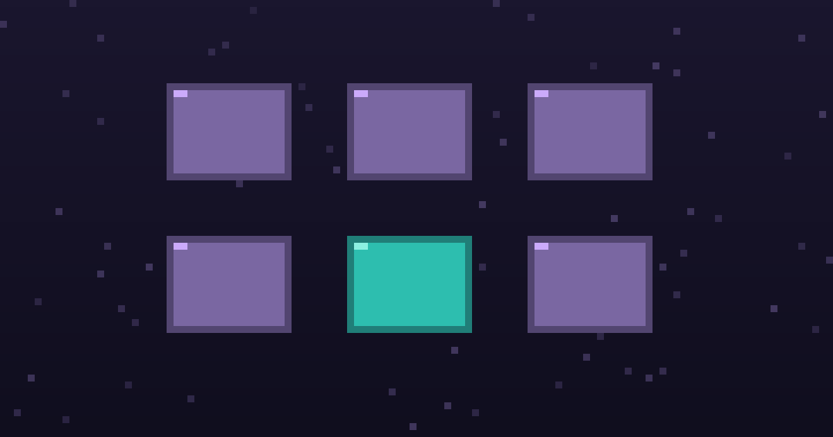 Pixel art of a grid of glowing pixel tool cards on a dark purple background