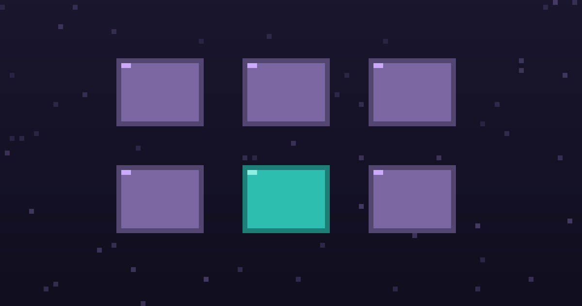 Pixel art of a grid of glowing pixel tool cards on a dark purple background