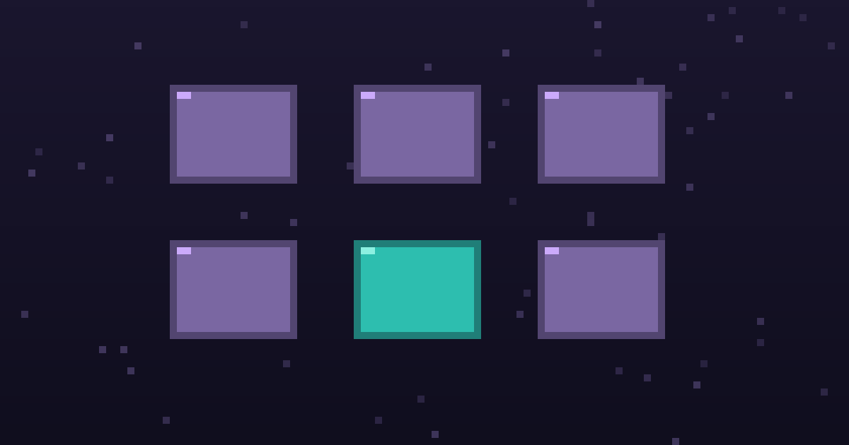 Pixel art of a grid of glowing pixel tool cards on a dark purple background