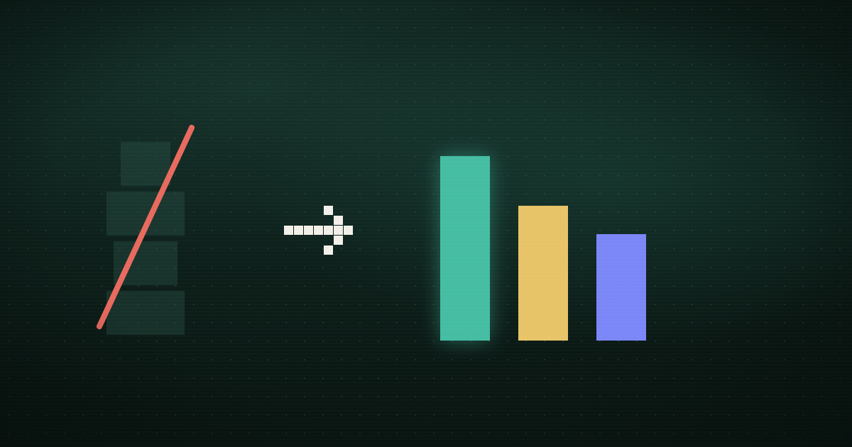 Pixel art of a dim, cracked gray tower fading on the left beside three glowing pixel bars of different heights in teal, gold, and purple