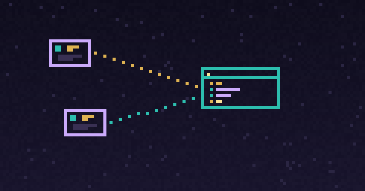 Pixel art of two glowing pixel record cards linked to a developer terminal window on a dark purple background