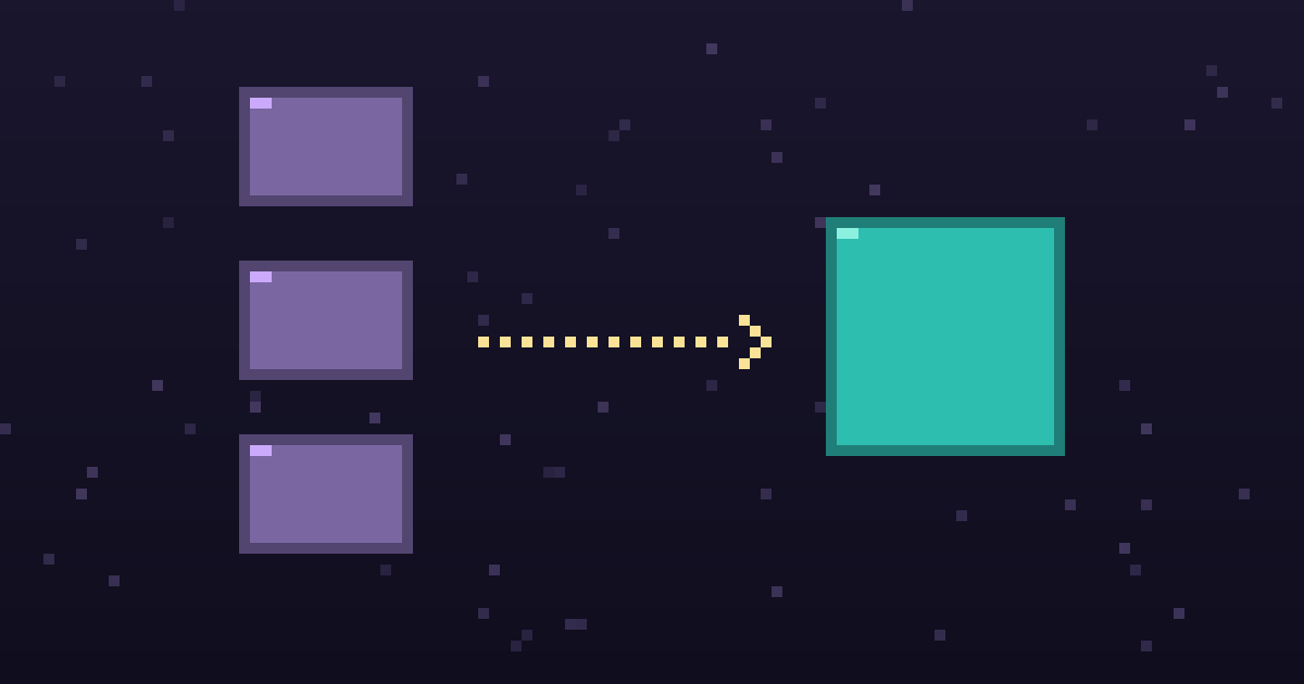 Pixel art of pixel blocks with a gold arrow pointing to a glowing alternative on a dark purple background