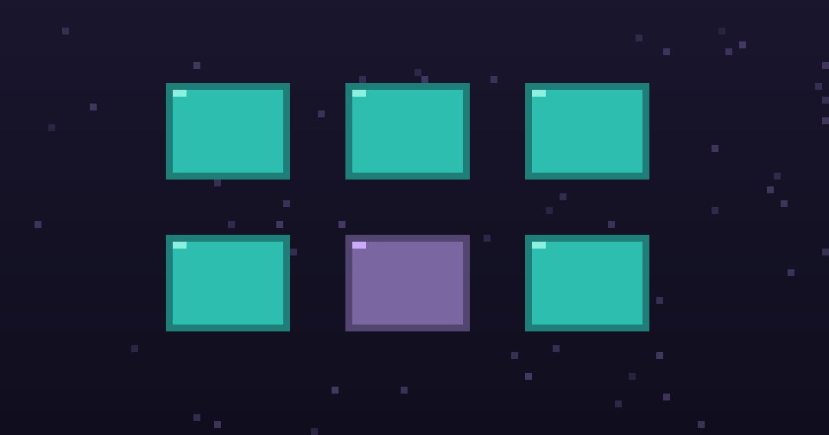 Pixel art of a grid of glowing pixel tool cards on a dark purple background