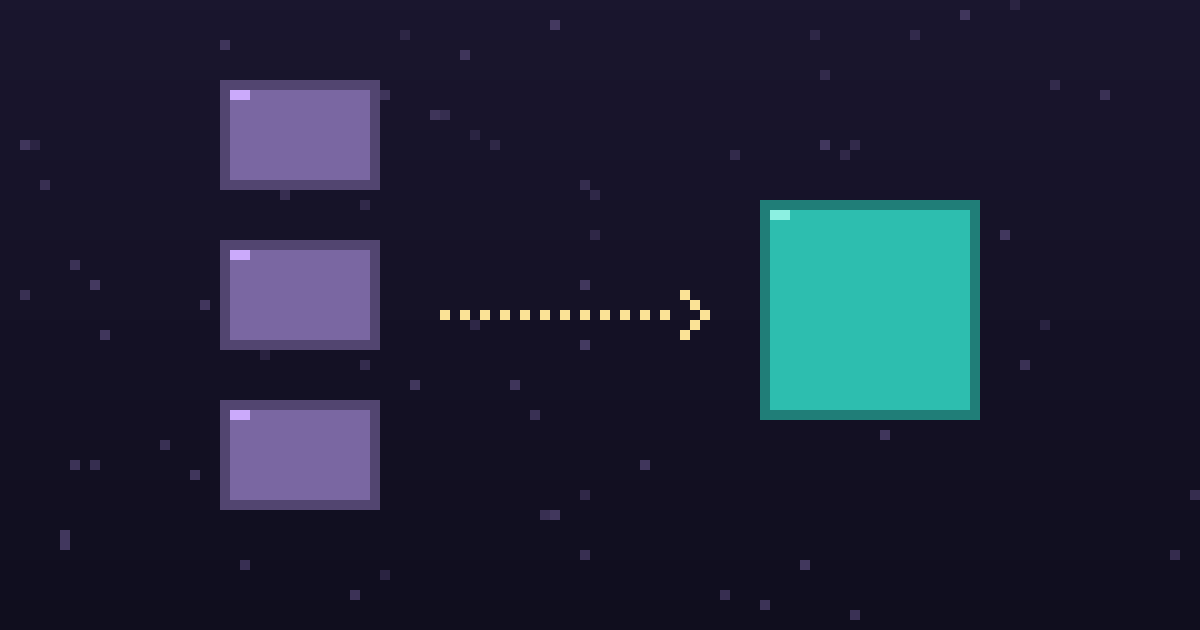 Pixel art of pixel blocks with a gold arrow pointing to a glowing alternative on a dark purple background