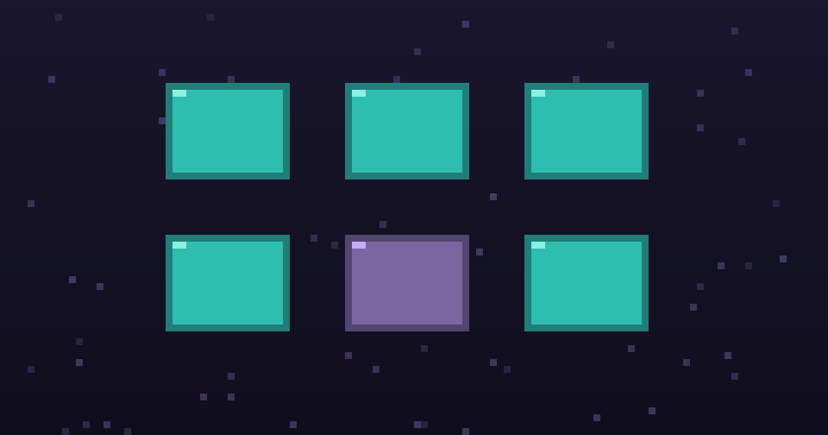 Pixel art of a grid of glowing pixel tool cards on a dark purple background