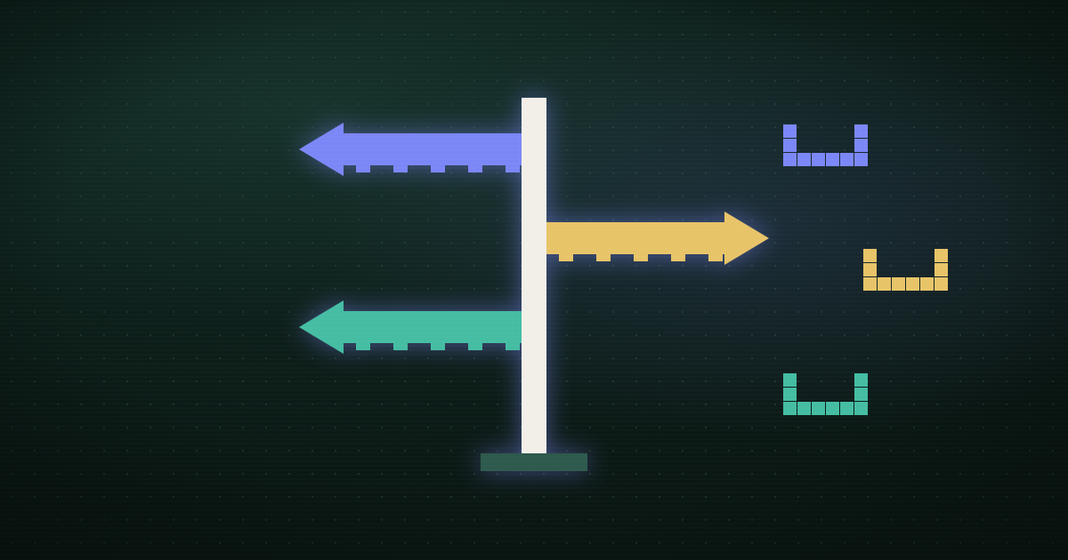Pixel art of a glowing signpost with three colored arms in purple, gold, and teal branching across a dark background