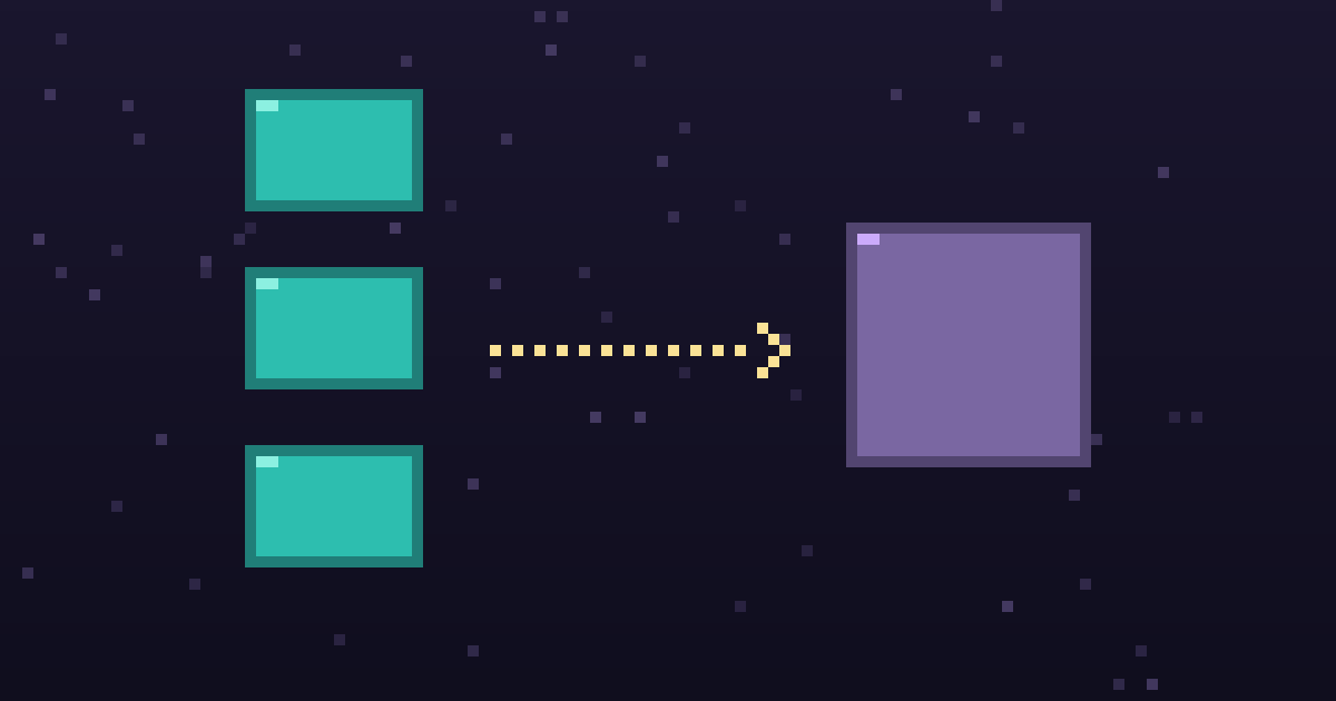 Pixel art of pixel blocks with a gold arrow pointing to a glowing alternative on a dark purple background