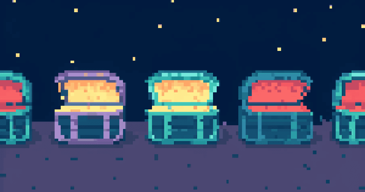 Pixel art of five treasure chests in a row under a dark starry sky, glowing teal, purple, and gold