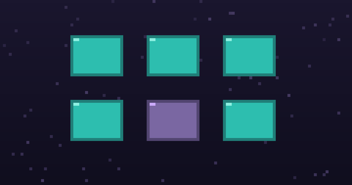 Pixel art of a grid of glowing pixel tool cards on a dark purple background