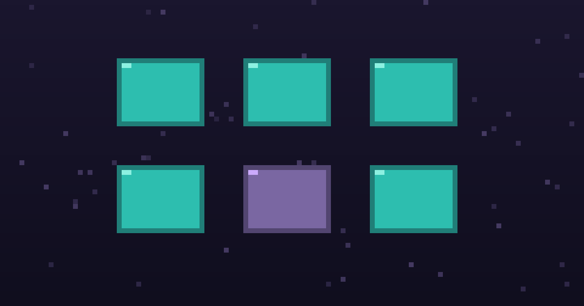 Pixel art of a grid of glowing pixel tool cards on a dark purple background