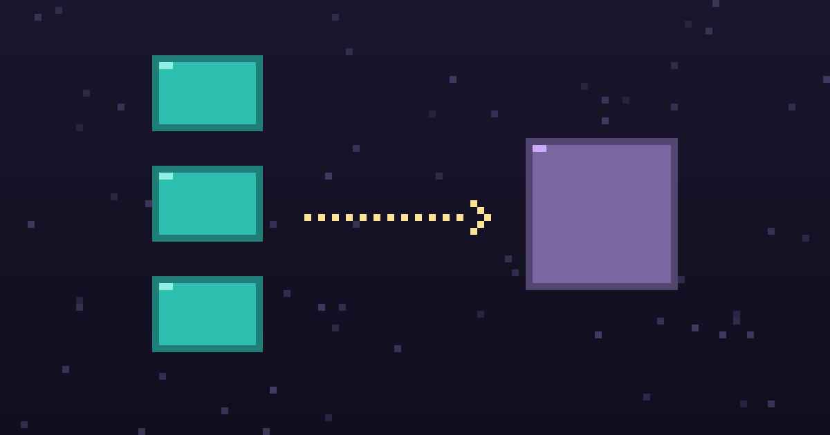 Pixel art of pixel blocks with a gold arrow pointing to a glowing alternative on a dark purple background