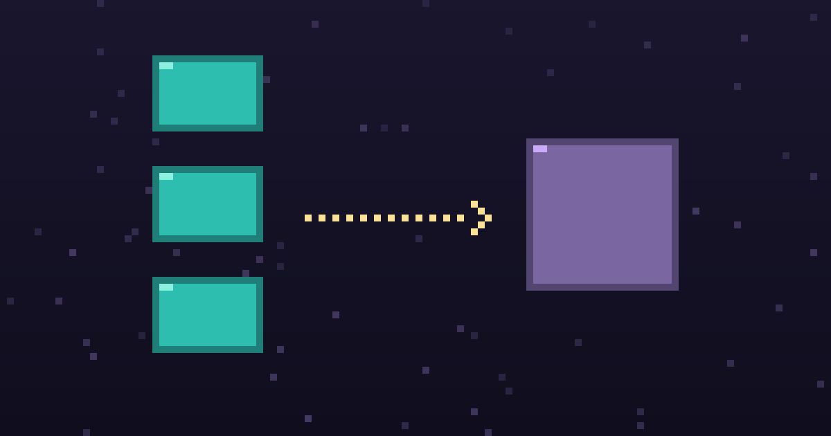 Pixel art of pixel blocks with a gold arrow pointing to a glowing alternative on a dark purple background