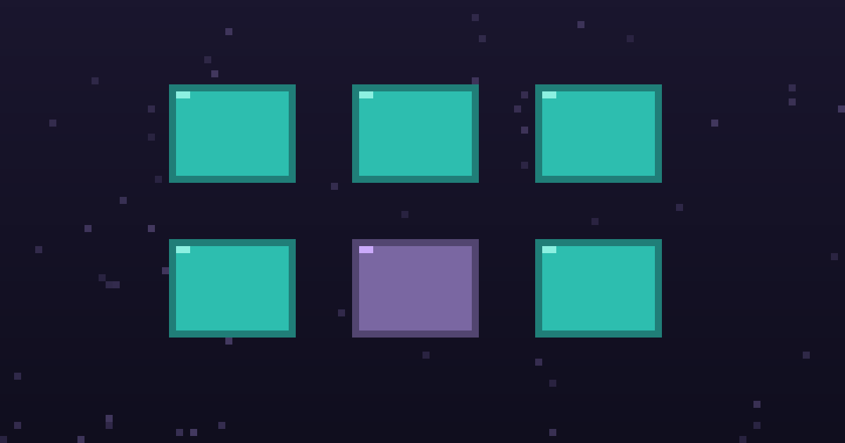 Pixel art of a grid of glowing pixel tool cards on a dark purple background