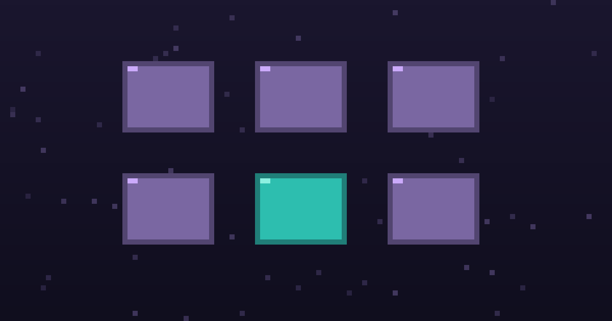 Pixel art of a grid of glowing pixel tool cards on a dark purple background