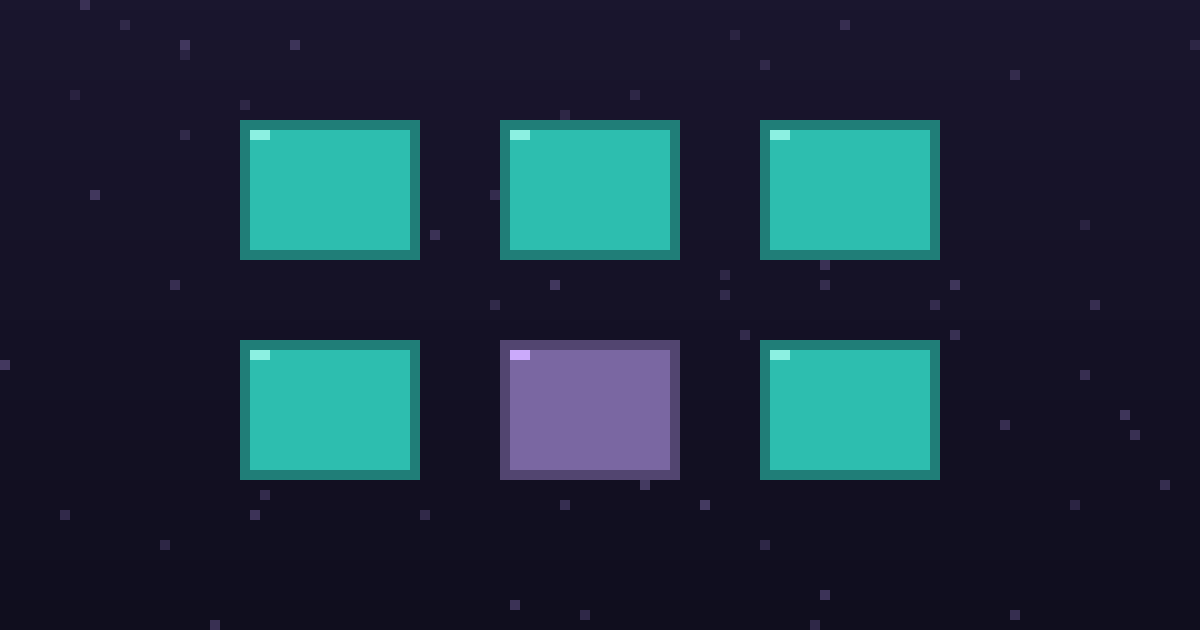 Pixel art of a grid of glowing pixel tool cards on a dark purple background