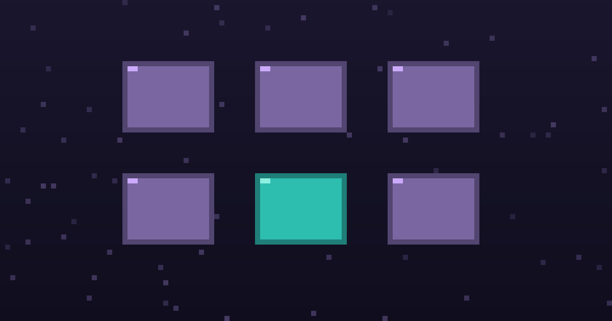 Pixel art of a grid of glowing pixel tool cards on a dark purple background
