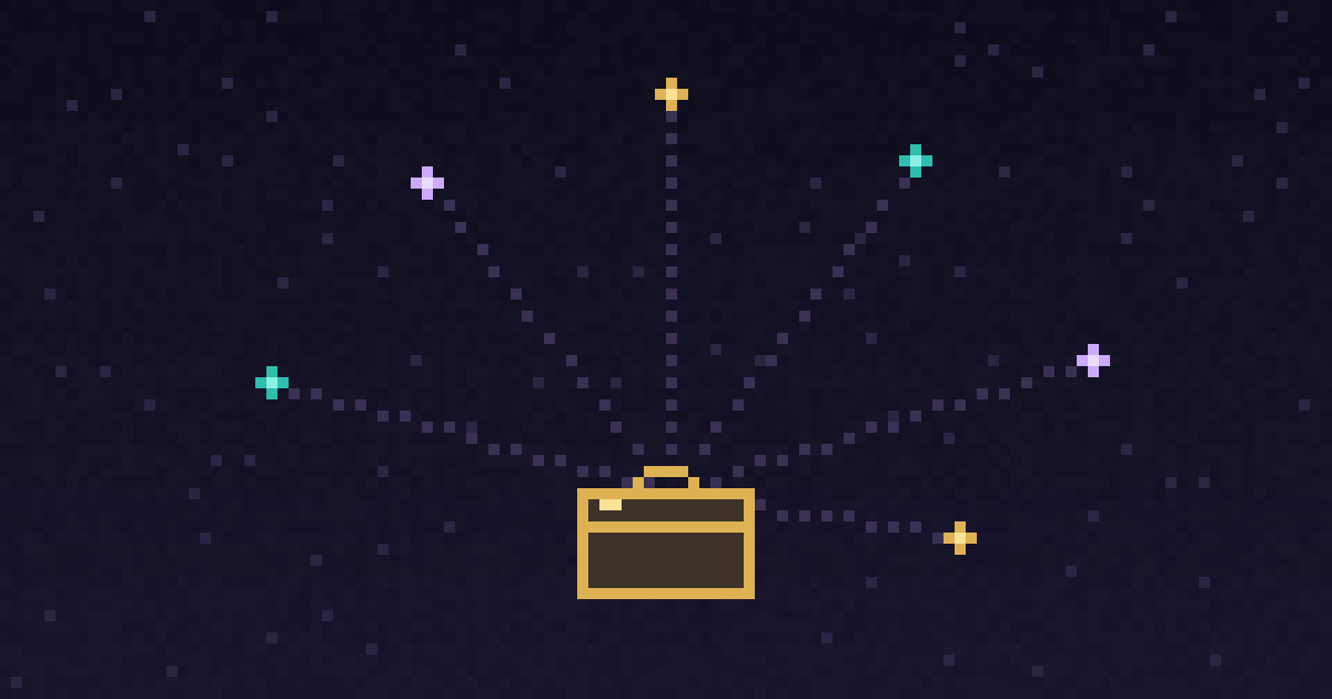 Pixel art of a toolbox radiating six glowing teal, purple, and gold nodes on a dark starfield