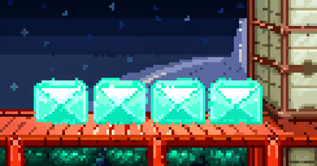 Pixel art of glowing teal envelopes riding an orange conveyor toward one container under a dark starry sky