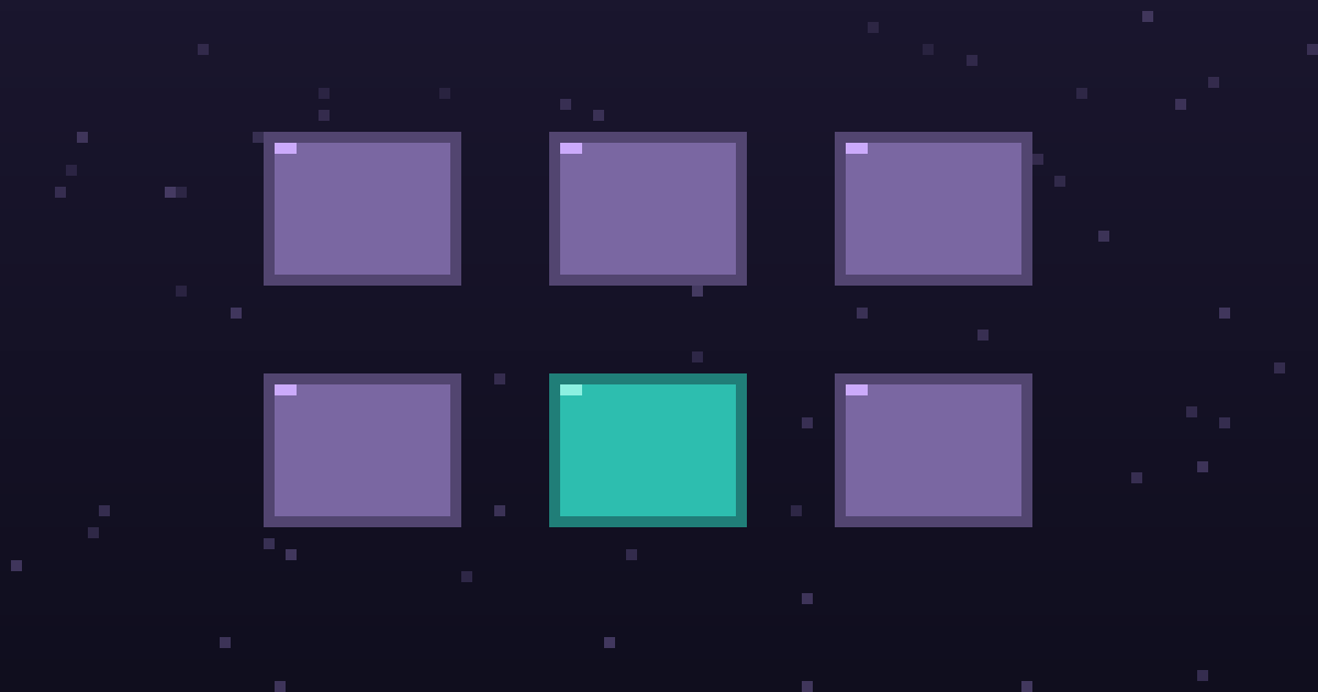 Pixel art of a grid of glowing pixel tool cards on a dark purple background