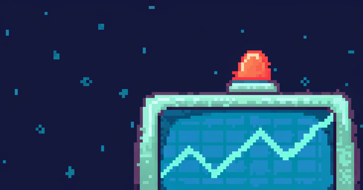 Pixel art of a control-room monitor showing a rising teal signal line with a red alert beacon on top