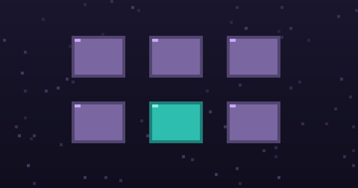 Pixel art of a grid of glowing pixel tool cards on a dark purple background