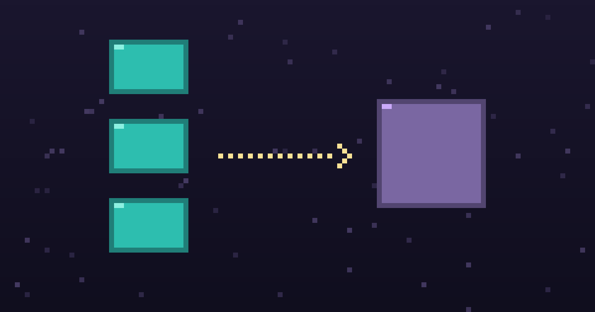 Pixel art of pixel blocks with a gold arrow pointing to a glowing alternative on a dark purple background