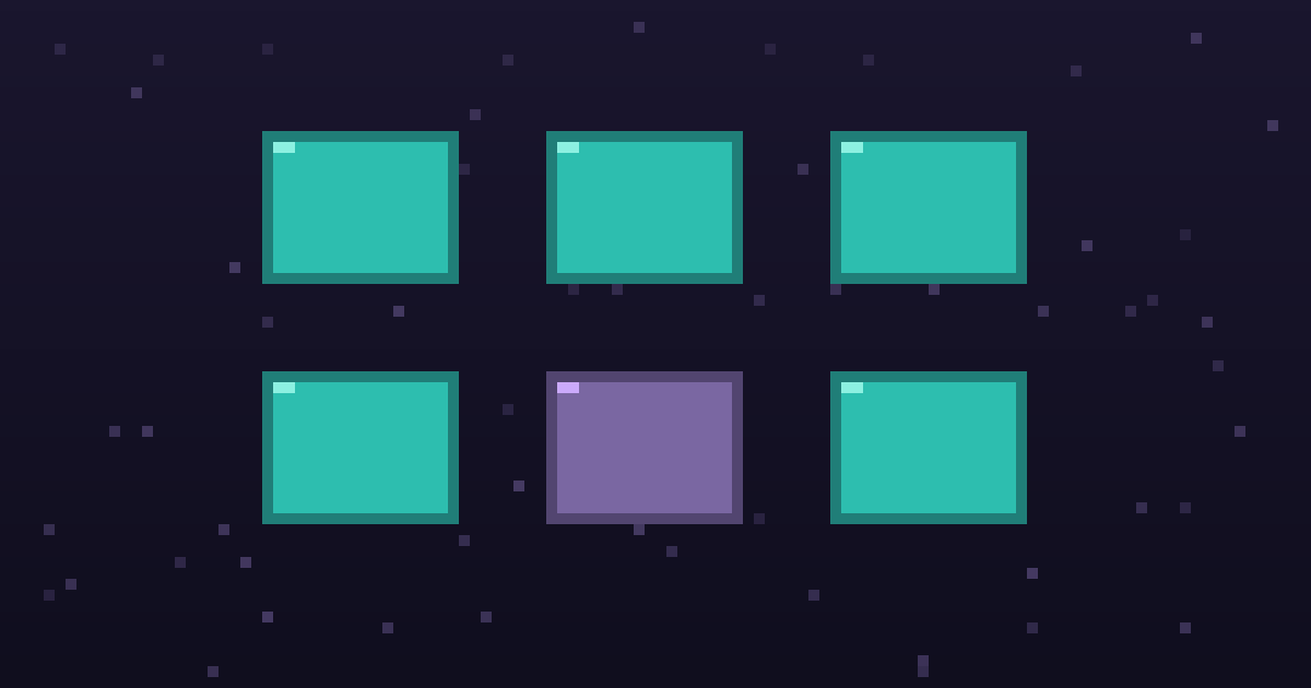 Pixel art of a grid of glowing pixel tool cards on a dark purple background