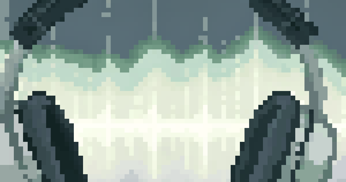 Pixel art of headphones over a glowing teal audio waveform