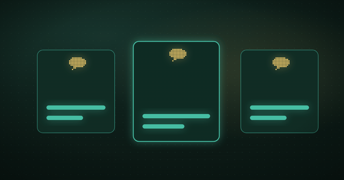 Pixel art of three glowing support conversation cards side by side on a dark green background