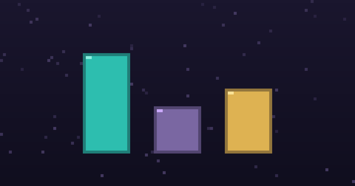Pixel art of three glowing pixel pillars of different heights on a dark purple background