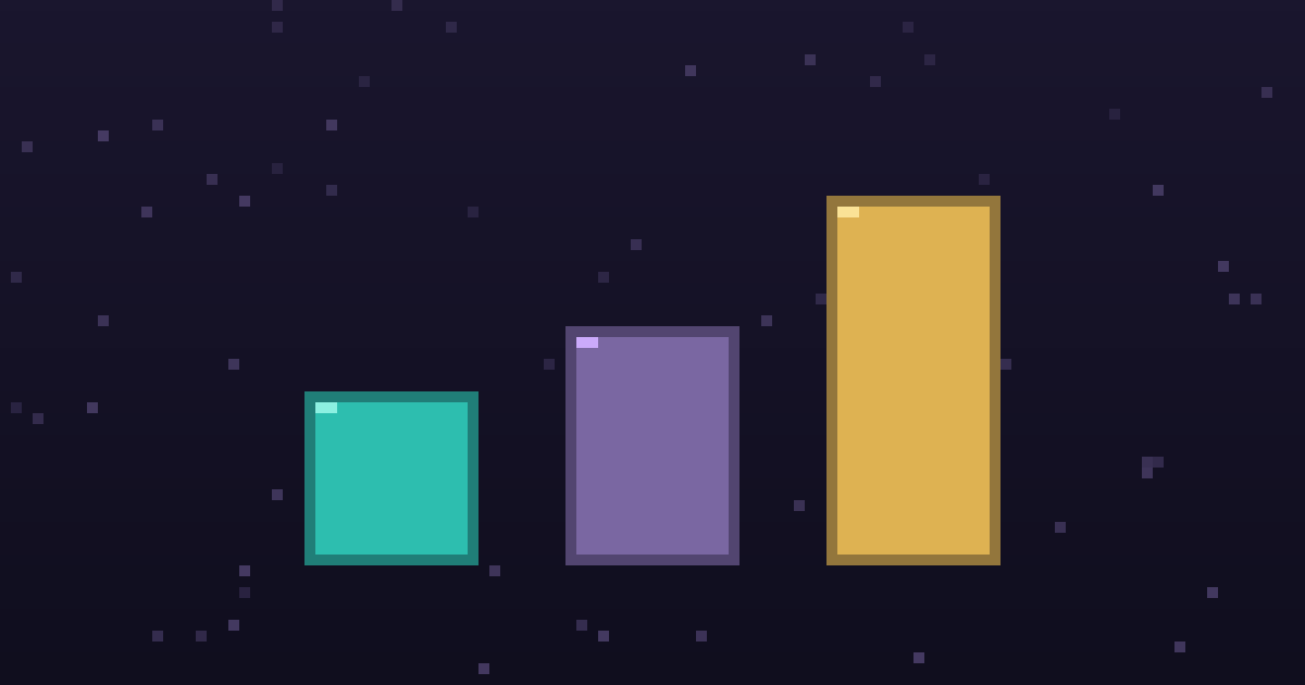 Pixel art of three glowing pixel pillars of different heights on a dark purple background