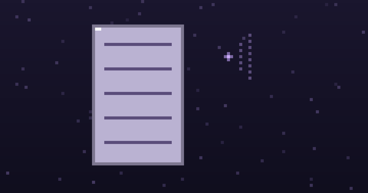Pixel art of a pixel document beside a glowing broadcast dot on a dark purple background