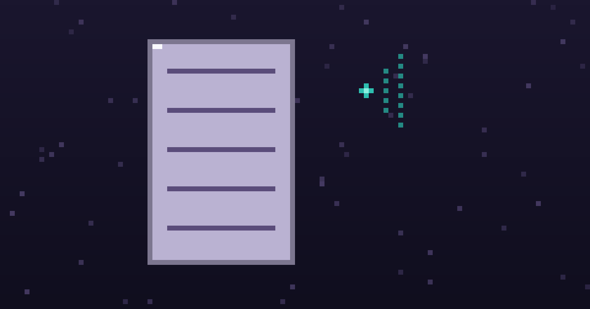Pixel art of a pixel document beside a glowing broadcast dot on a dark purple background