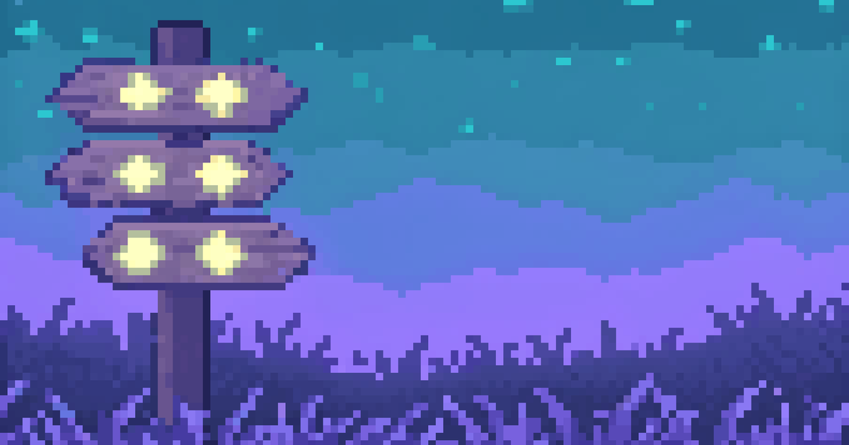 Pixel art of a signpost with glowing arrows under a starry teal sky