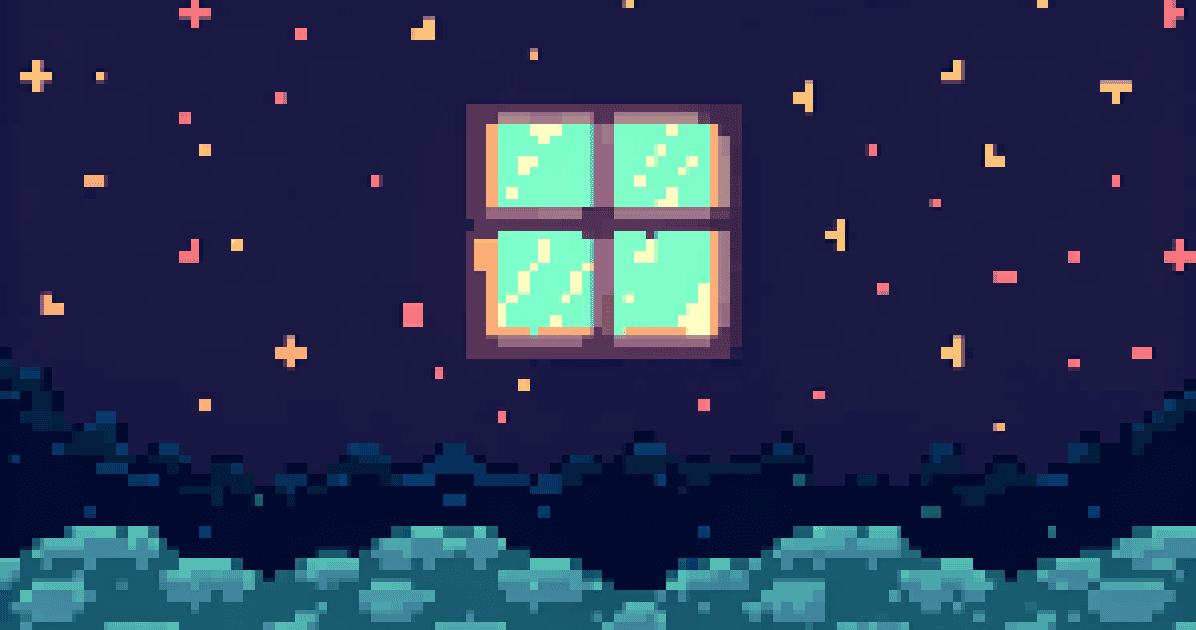 Pixel art of a bright window holding glowing teal blocks, floating in a dark starry night sky