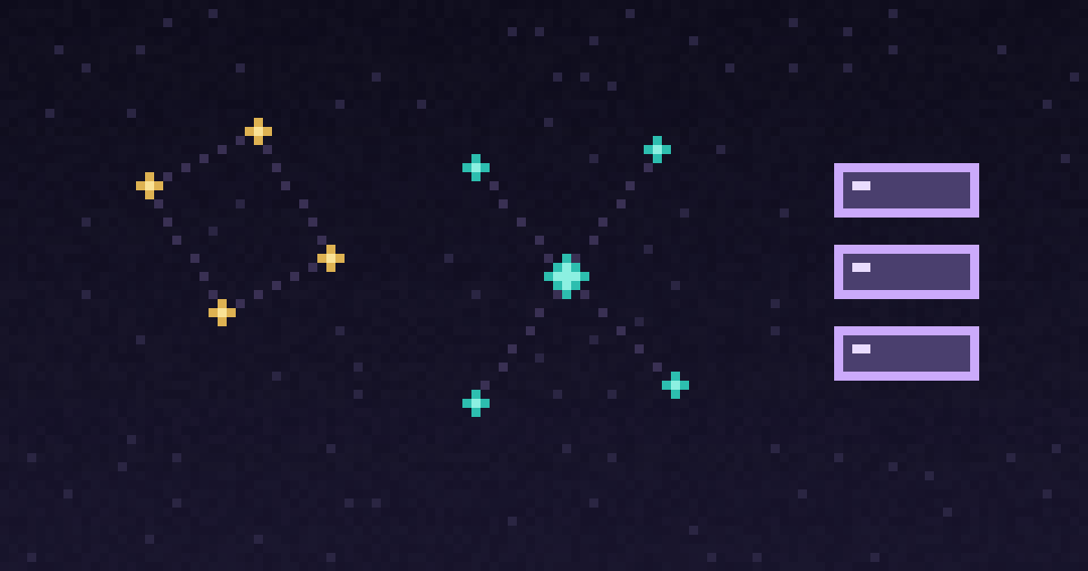 Pixel art of three glowing structures side by side, a gold lattice, a teal web, and purple stacked blocks, on a dark starfield