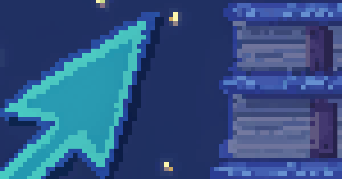 Pixel art of a glowing teal cursor arrow beside a stack of documents