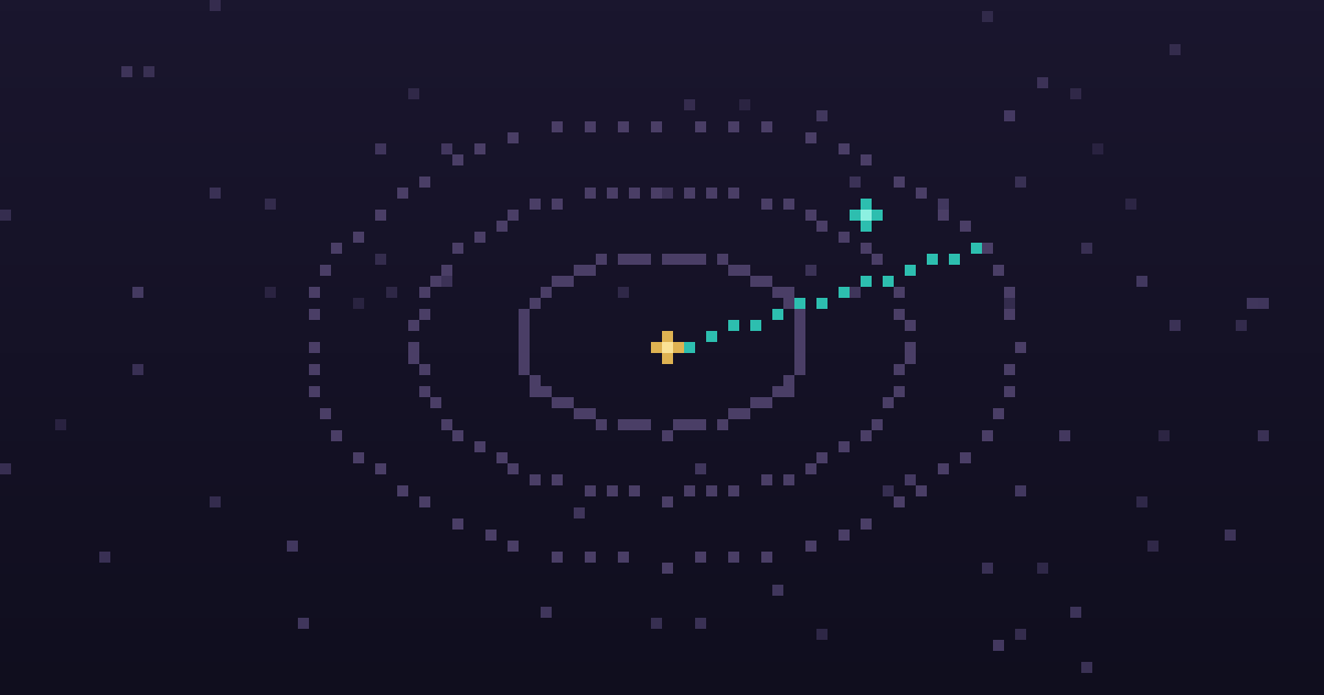 Pixel art of a pixel radar sweep with glowing contacts on a dark purple background