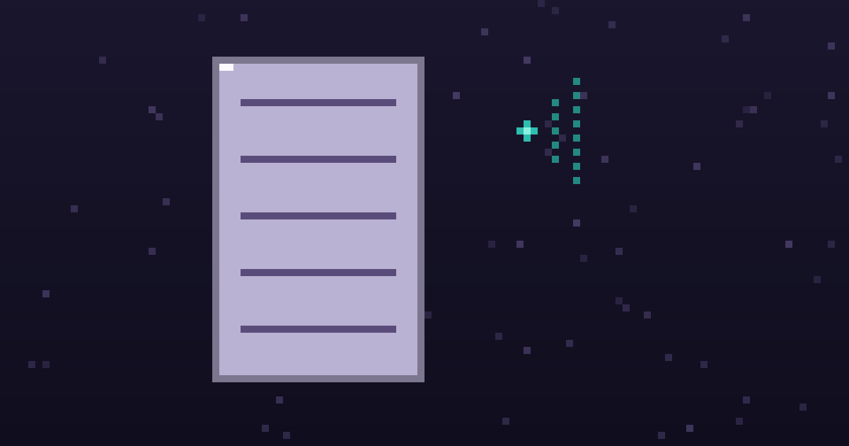 Pixel art of a pixel document beside a glowing broadcast dot on a dark purple background