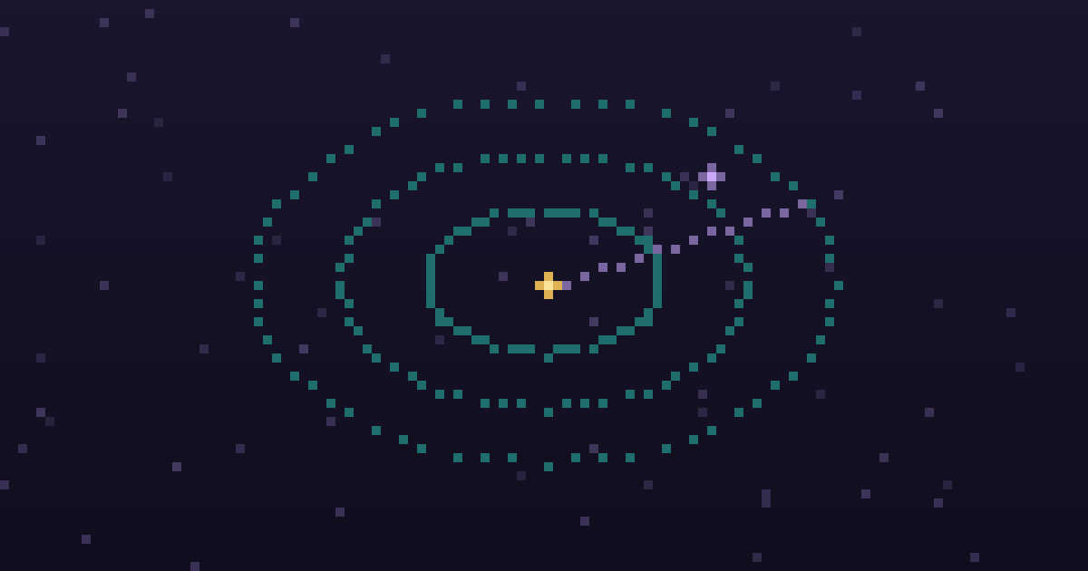 Pixel art of a pixel radar sweep with glowing contacts on a dark purple background