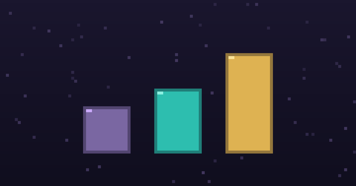 Pixel art of three glowing pixel pillars of different heights on a dark purple background