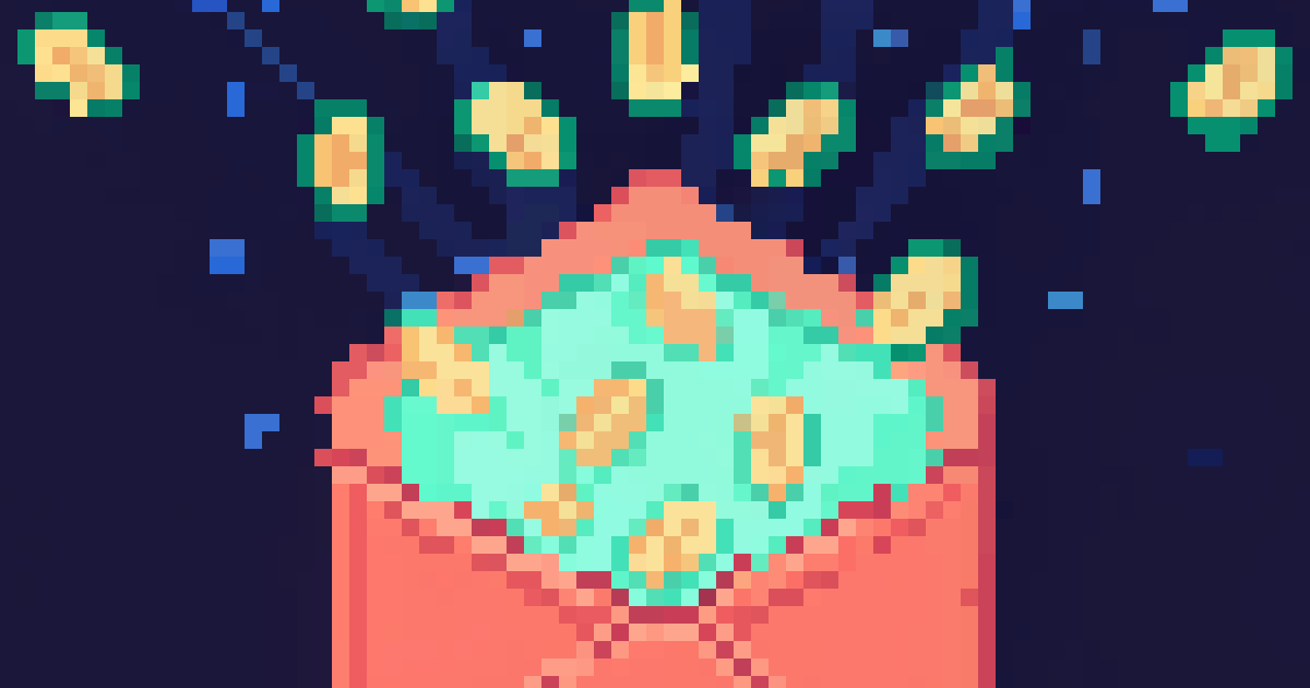 Pixel art of an open envelope with glowing gold letters rising out