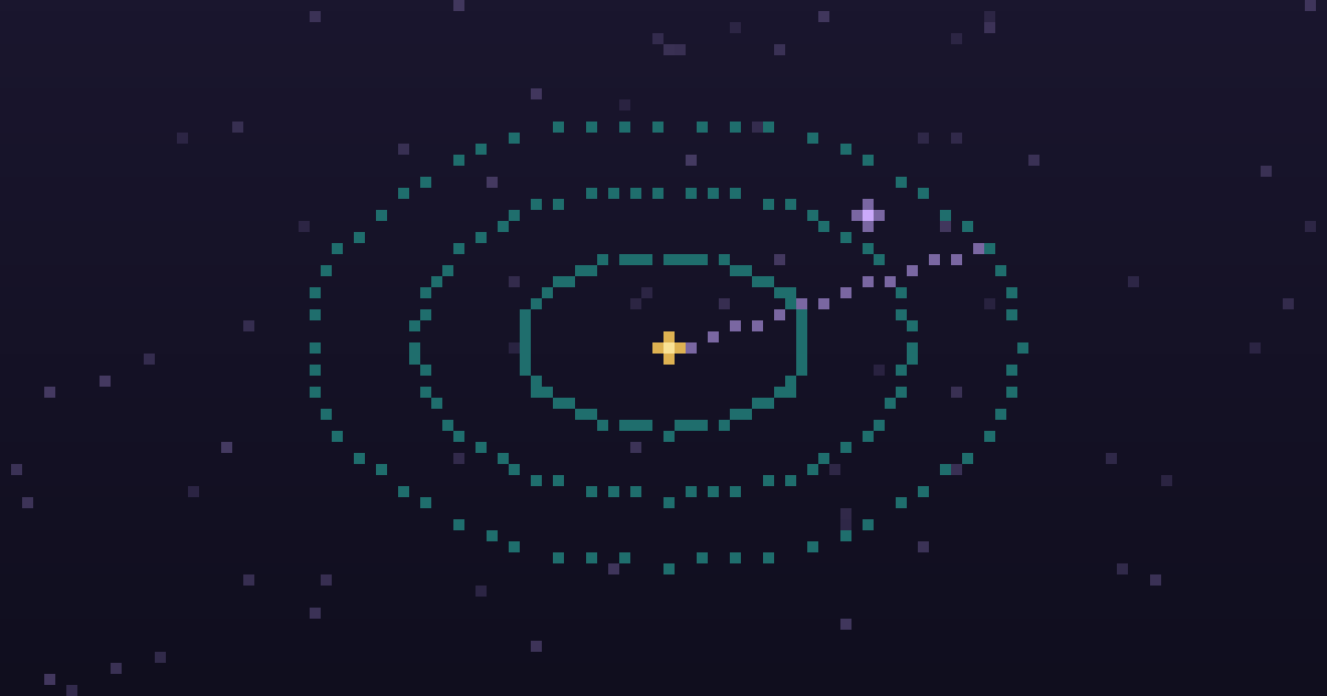 Pixel art of a pixel radar sweep with glowing contacts on a dark purple background