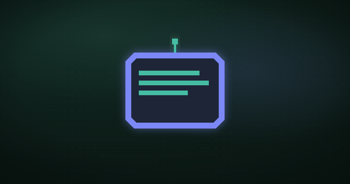 Pixel art of a glowing purple message board with green text lines on a dark green background