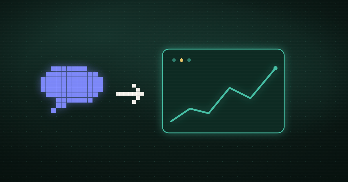 Pixel art of a purple thought bubble with an arrow into a rising chart window on a dark green background